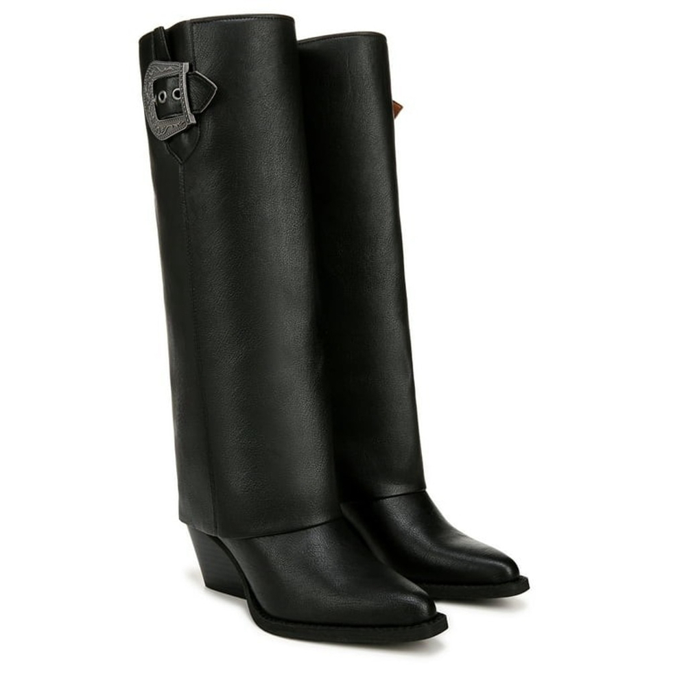 Zodiac Modern Foldover Statement Western Buckle Boots Knee Height BLACK SZ 7 M